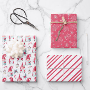 Schattige Kerstkabouter Sneeuwvlokken Strepen Bijp Inpakpapier Vel