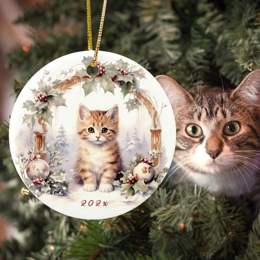 Schattige kerstkat kittendier keramisch ornament