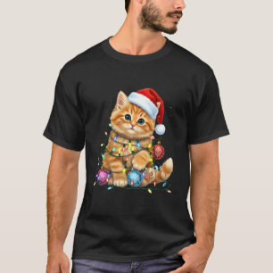 Schattige Kerstkat Santa Hoed Lichtjes Cadeau Mann T-shirt