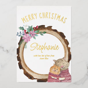 Schattige Kerstkatjes Landelijke Houten Lijst Goud Folie Feestdagenkaart