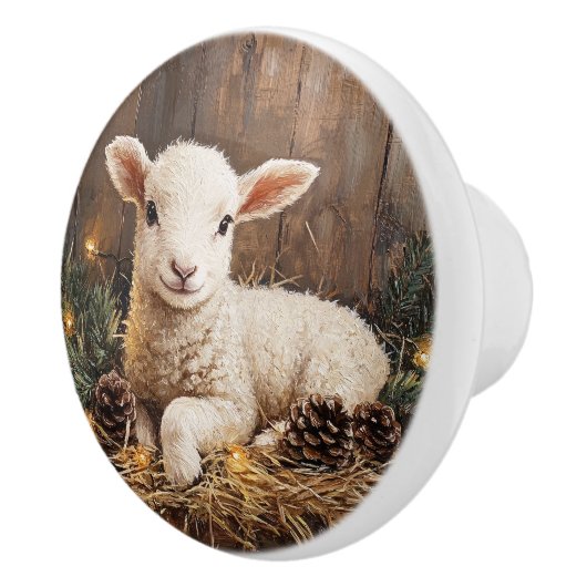 Schattige kerstlam rustiek schilderij keramische knop (Rechts)