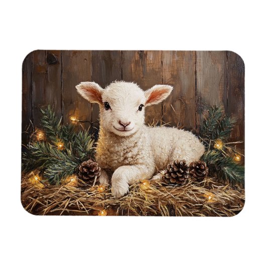 Schattige kerstlam rustiek schilderij magneet (Horizontaal)