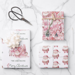 Schattige Kerstman Roze Winterstad Kerstmis Inpakpapier Vel