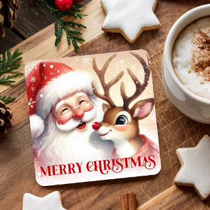 Schattige Kerstman Rudolph Kerst Coaster Watercolo Vierkante Kartonnen Onderzetter