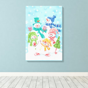 Schattige Kerstman Sneeuwman Familie in de Sneeuw Canvas Afdruk
