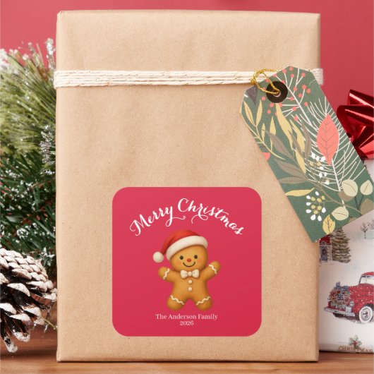 Schattige kerstman van gemberkoek met kerstmuts - vierkante sticker (Feestdagen)