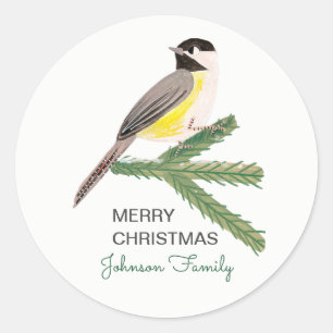 Schattige kerstmees gele vogel & groene boom ronde sticker