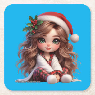 Schattige kerstmeisje met Santa Hat Art Vierkante Kartonnen Onderzetter