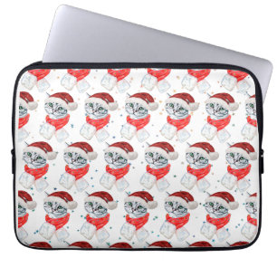 Schattige Kerstmis Grijs Tabby Kat Waterverf Laptop Sleeve