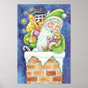 Schattige Kerstmis, Kerstman in Schoorsteen met Sp Poster