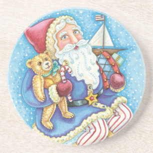 Schattige Kerstmis, Kerstman op Sneeuwbal met Spee Zandsteen Onderzetter