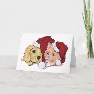Schattige Kerstmis Labrador Puppy en Oranje Tabby Feestdagen Kaart