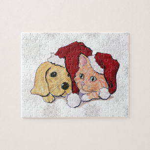 Schattige Kerstmis Labrador Puppy en Oranje Tabby Legpuzzel