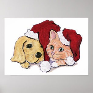 Schattige Kerstmis Labrador Puppy en Oranje Tabby Poster