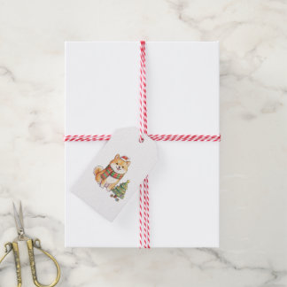 Schattige Kerstmis Shiba Inu in Kerstmannenhoed & Cadeaulabel