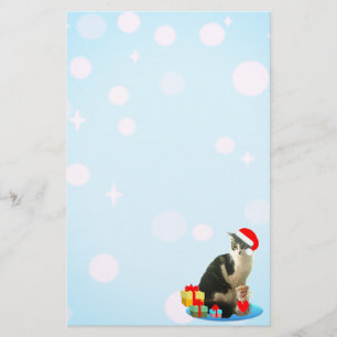 Schattige Kerstmis Tabby Kat, lichte bollen tegen Briefpapier