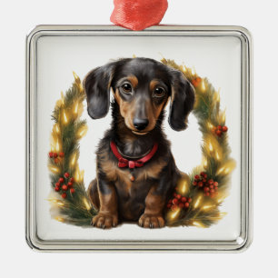 SCHATTIGE KERSTMIS ZWART TAN DACHSHUND DOG METALEN ORNAMENT