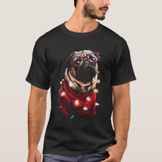 Schattige Kerstmops met Bril Kerstman Hoed Festive T-shirt
