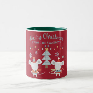 Schattige Kerstmuizen en Boom op Bourgondie Rood Tweekleurige Koffiemok