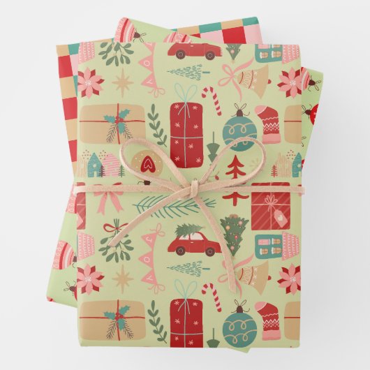 Schattige Kerstontwerp Roze en Mint Groene Preppy Inpakpapier Vel (In situ)