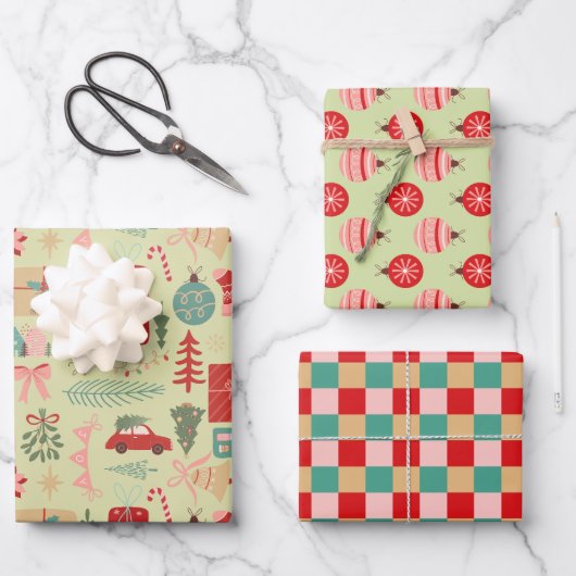 Schattige Kerstontwerp Roze en Mint Groene Preppy Inpakpapier Vel (Voorkant)