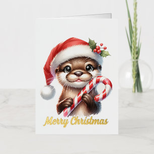 Schattige Kerstotter in Kerstmannenhoed Met Snoep Folie Wenskaart