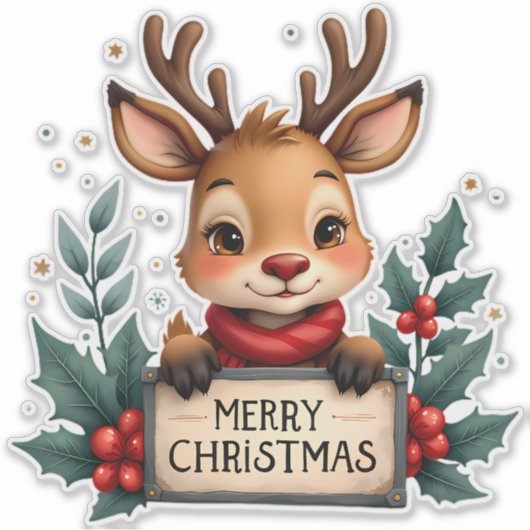 Schattige Kerstrendier met Holly en Teken Sticker (Voorkant)