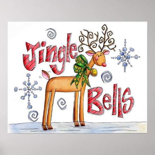 Schattige Kerstrendieren, Jingle Bells Sneeuwvlokk Poster (Voorkant)