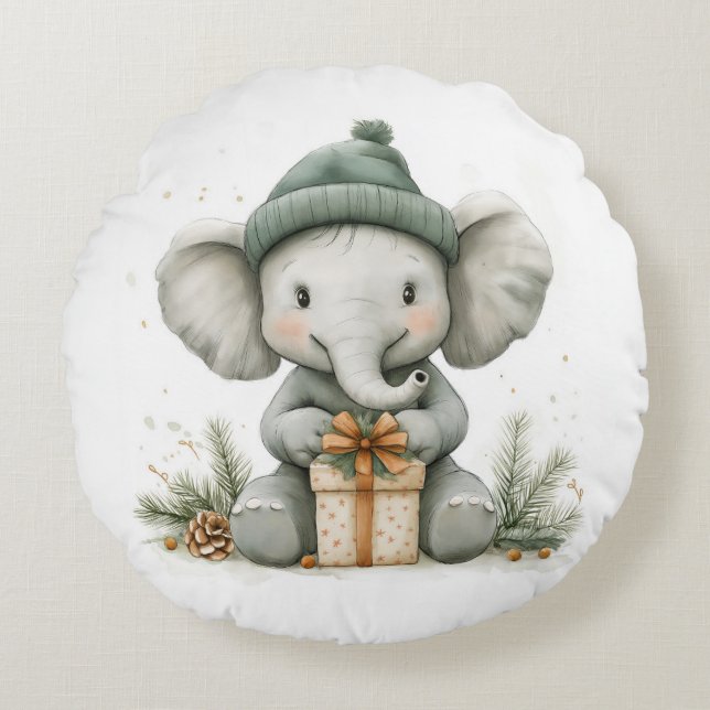 Schattige Kerstserie Baby Elephant Rond Kussen (Voorkant)