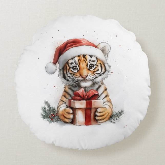 Schattige Kerstserie Baby Tiger Rond Kussen (Voorkant)