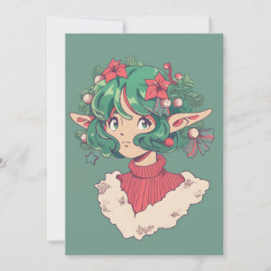 Schattige Kerstvakantie Poinsettia Elf Anime Meisj Feestdagenkaart