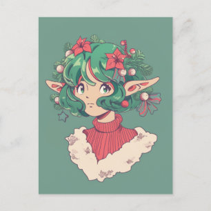 Schattige Kerstvakantie Poinsettia Elf Anime Meisj Feestdagenkaart