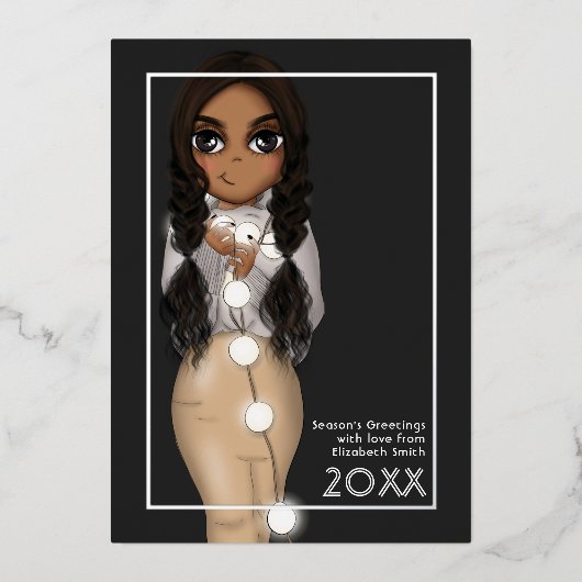 Schattige Kerstverlichting Afro-Amerikaanse Vrouw Folie Feestdagenkaart (Voorkant)