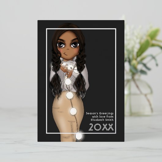 Schattige Kerstverlichting Afro-Amerikaanse Vrouw Folie Feestdagenkaart (Staand Voorkant)