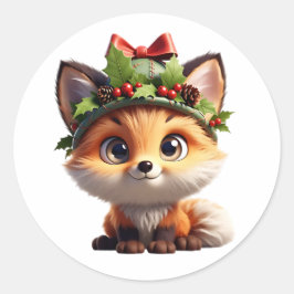 Schattige Kerstvos met Hulstbes Hoed Klassieke Ro Ronde Sticker