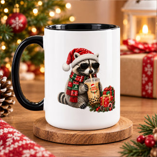 Schattige Kerstwasbeer met Cadeaus en Warme Chocol Mok