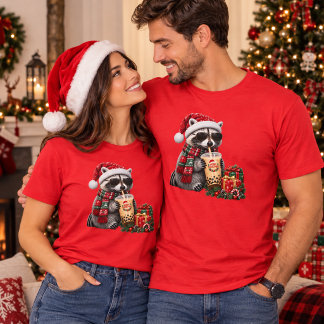 Schattige Kerstwasbeer met Cadeaus en Warme Chocol T-shirt