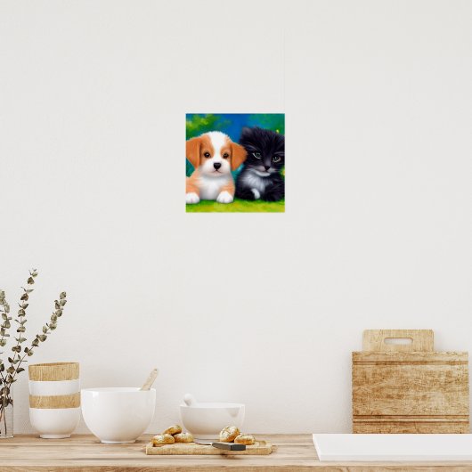 Schattige keuken en puppy die op het gras ontspann poster (Keuken)