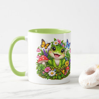 Schattige kikker cottage tuin vol wilde bloemen en mok