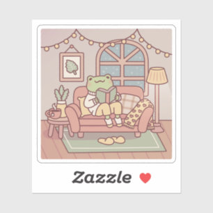 Schattige kikker die een boek leest in een knusse  sticker