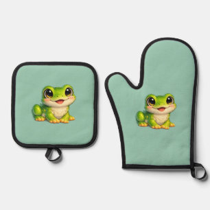 Schattige kikker met grote ogen Kawaii dierontwerp Ovenwant & Pannenlap Set