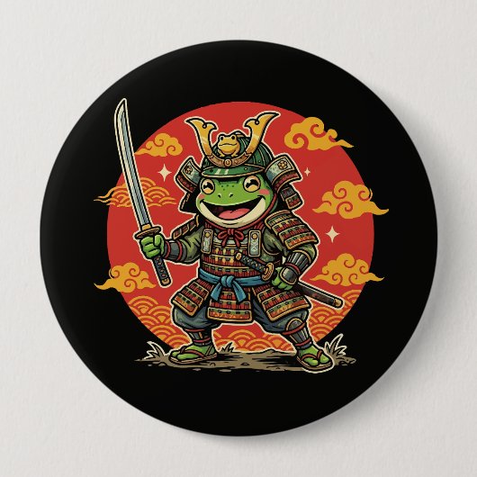 Schattige Kikker Samurai Cartoon Dier Krijger Ontw Ronde Button 4,0 Cm (Voorkant)