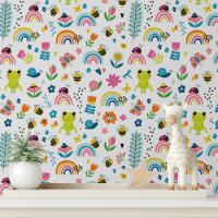 Schattige Kikkers Insecten Regenbogen Bloemen Kind