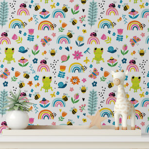 Schattige Kikkers Insecten Regenbogen Bloemen Kind Behang