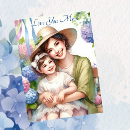 Schattige Kind met Mam in Swing Hydrangea Moederda Feestdagen Kaart