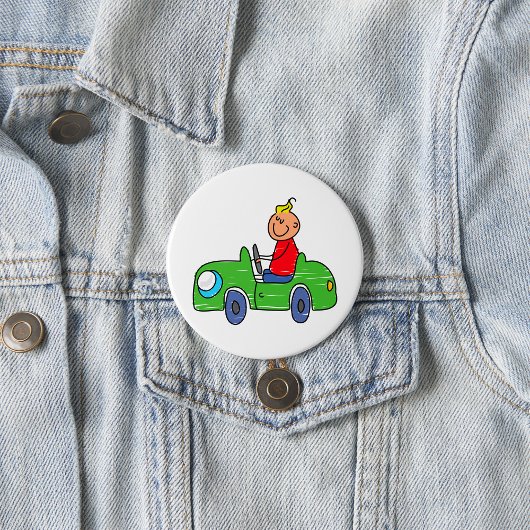 Schattige Kind Rijden Groene Auto Kinderen Illustr Ronde Button 7,6 Cm