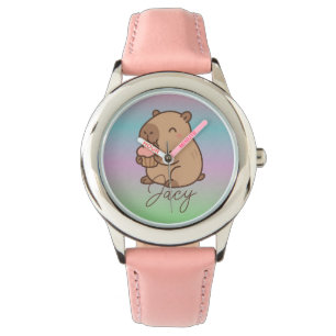 Schattige Kinderen Capybara die cupcakes eet Regen Horloge