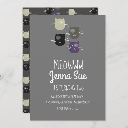 Schattige Kitten Birthday Party Grey Cat Invitatio Kaart (Voorkant / Achterkant)