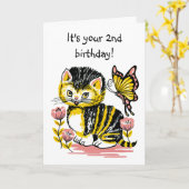Schattige Kitten en Vlinder Tweede Verjaardag Kaar Kaart (Gele Bloem)