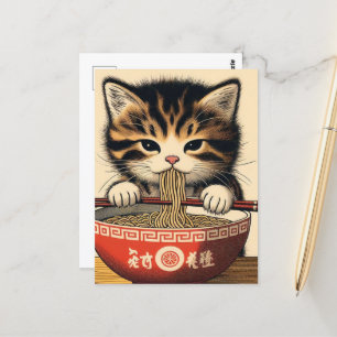 Schattige kitten eten Ramen Woodblock Print Briefkaart